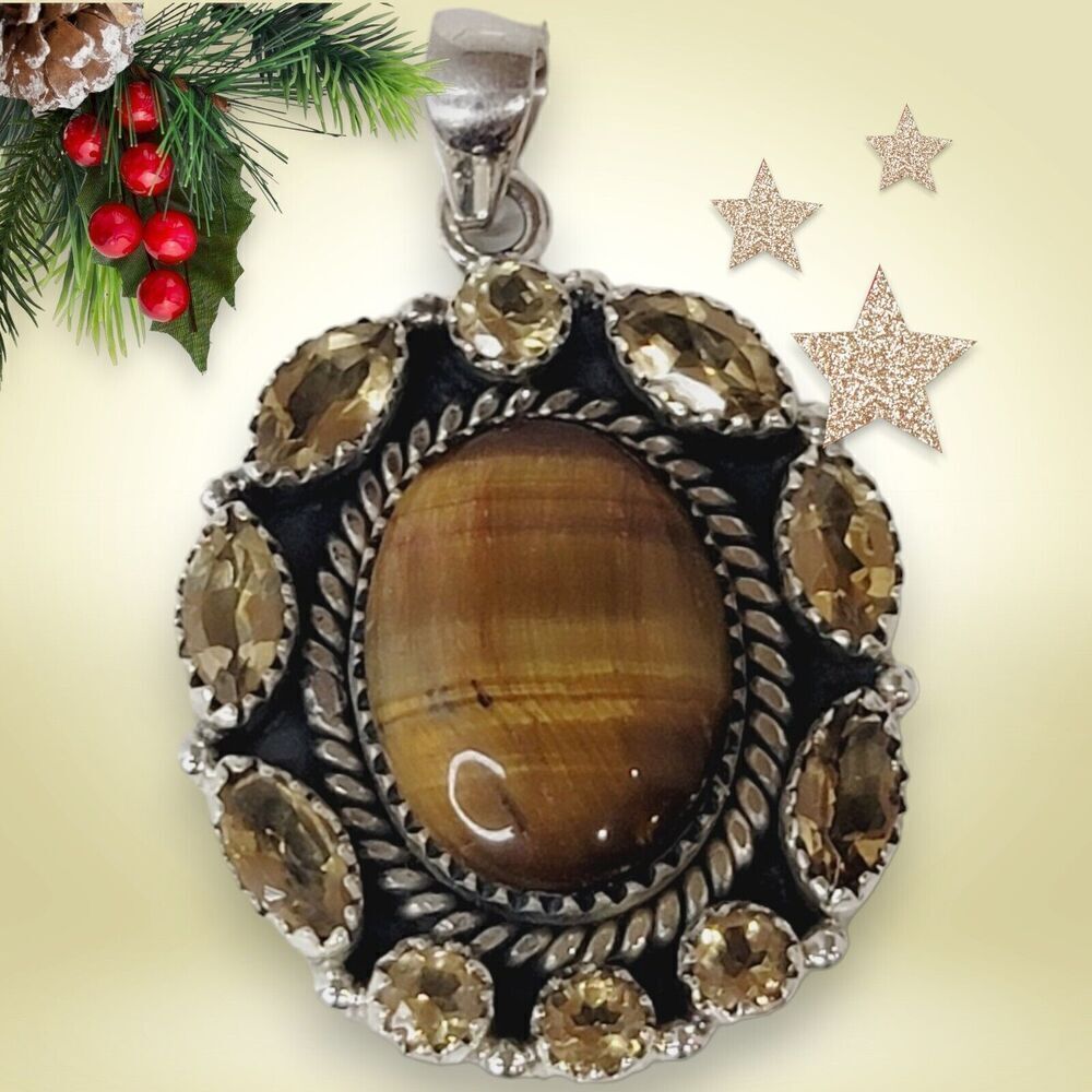 Large Tiger's Eye And Citrine Sterling Silver 925 Statement Pendant Jewelry Gift